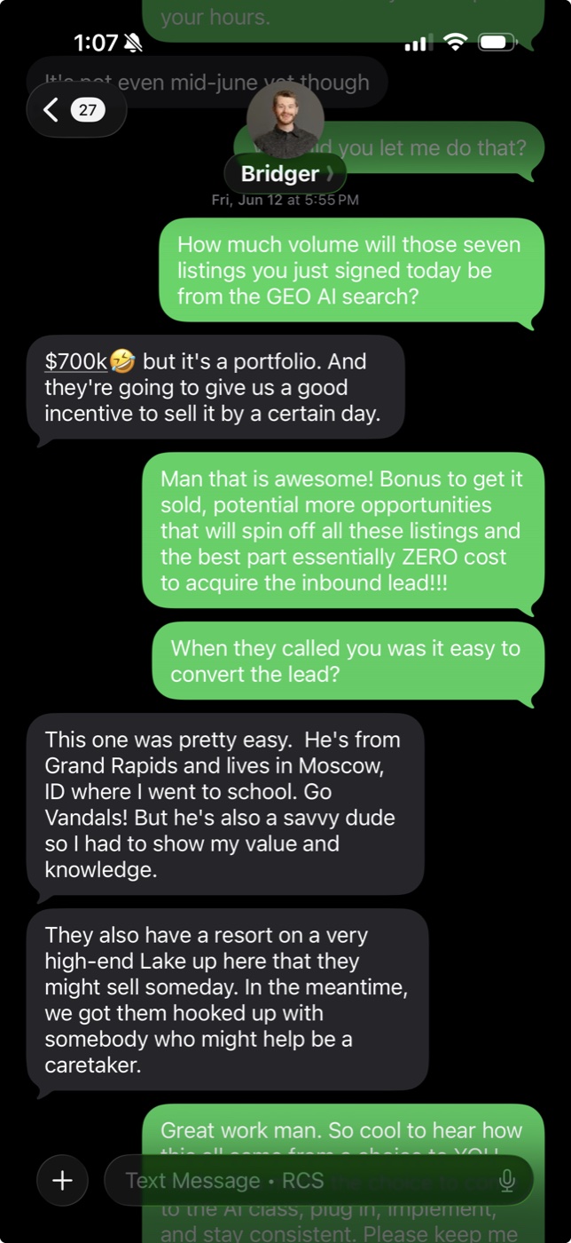 Agent text about signing seven listings from one AI-search lead